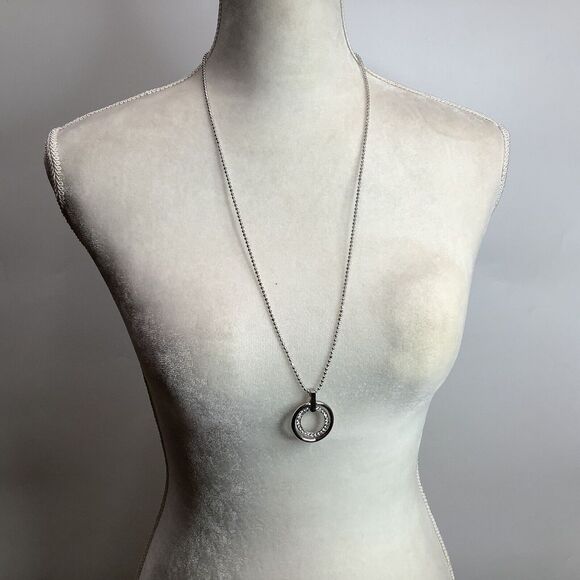 Cookie Lee Silver Tone 2 Circle Hoop RhinestonePendant Necklace 32" total - Picture 10 of 10